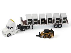 DIECAST MASTERS #84676 - Peterbilt 579 Tractor in White and Flatbed Trailer with Caterpillar 272D Wheeled Skid Steer Loader and 6 Pallet Boxes