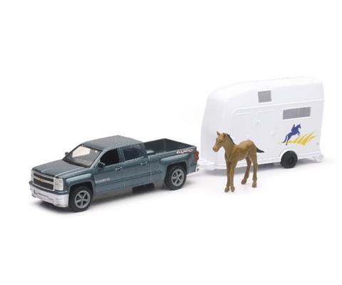 Farm Toys - NEW-RAY - 19595A - Chevrolet Silverado Pickup in Grey Hauling  Horse Trailor with Horse Figure Truck is made of diecast metal, other  pieces are durable plastic</i>