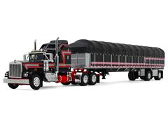 DCP #60-2056 - Kenworth W900A with Aerodyne Sleeper and 53 Wilson Roadbrute Flatbed Trailer with Covered Wagon in Black and red