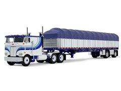 DCP #60-2057 - Peterbilt Model 352 COE 110 Sleeper and 53 Wilson Roadbrute Flatbed with Covered Wagon in White and Blue