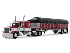 DCP #60-2058 - Peterbilt Model 389 with 63 Flat Top Sleeper and 53 Wilson Roadbrute Flatbed with Covered Wagon in Maroon and White