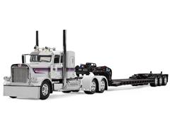 DCP #60-2191 - Peterbilt Model 389 with Flat Top Sleeper in White and Black Hauling Fontaine Magnitude Lowboy Trailer