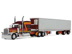 DCP #69-2073 - Hurricane Express - Peterbilt Model 389 Pride-N-Class in Maroon with Orange Yellow and Red Stripes Hauling Refrigerated