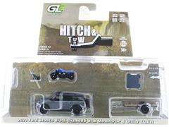 GREENLIGHT #32320-C-SP - 2021 Ford Bronco Black Diamond in Raw Body Grey with Utility Trailer and Motorcycle