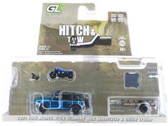 GREENLIGHT #32320-C-SP2 - 2021 Ford Bronco Black Diamond in Blue Chrome with Utility Trailer and Motorcycle
