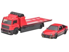 HOT WHEELS #FLF56-JBM40 - Team Toyota - Toyota AE86 Sprinter Trueno with Fleet Street Hauler in Red and Black