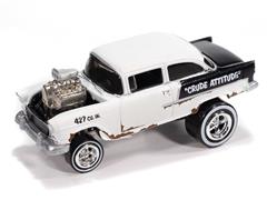 JOHNNY LIGHTNING #JLSF031-1 - Zingers - 1955 Chevrolet Bel Air Gasser in Flat White with Black Two-Tone Sides and Rusty Vintage Lettering