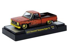 M2MACHINES #31500-HS70-SP - 1973 Chevrolet Cheyenne Super 10 in Burnt Orange with Detailed Hot Rod-Style Flames and Gold Rims