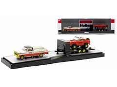 Holley-themed 1969 Ford Ranger Truck in White and Orange and 1966 Ford Bronco in Orange on a dual-axle open race #36000-79-B-SP