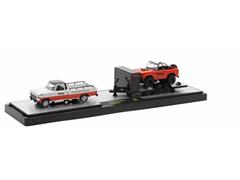 Holley-themed 1969 Ford Ranger Truck in White and Orange and 1966 Ford Bronco in Orange on a dual-axle open race #36000-79-B