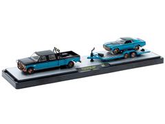 M2MACHINES #36000-99-A-SP - 1990 Ford F-350 Dually Pickup Truck with Trailer Hauling a 1970 Ford Mustang Custom in Blue and Black with Copper