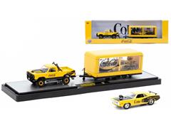 M2MACHINES #56000-TW31-C - Coca-Cola - 1974 Dodge W200 Power Wagon in Yellow and Black and 1971 Plymouth HEMI Cuda in Yellow and Black