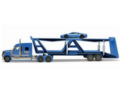 MAISTO #11454-E - Black Top Transport - International LoneStar Sleeper Cab with Car Transport Trailer in Blue and Black with 2019 Ford GT