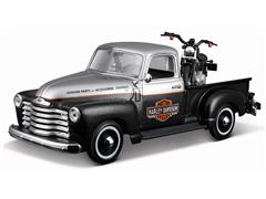 MAISTO #32198 - Harley-Davidson - 1950 Chevrolet 3100 Pickup Truck in Black and Grey Hauling a 1948 Harley Davidson Panhead