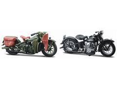 MAISTO #37301-A - 1942 Harley-Davidson WLA Flathead in Green and 1948 Harley-Davidson FL Panhead in Black - 40s Motorcylce 2-pack
