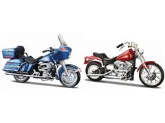MAISTO #37301-E - 1980 Harley-Davidson FLT Tour Glide in Blue and 1984 Harley-Davidson FXST Softail in Red - 80s Motorcycle 2-pack