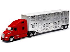 NEW-RAY #12563 - Peterbilt 579 Sleeper Cab in Red with Chrome Livestock Trailer