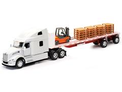 NEW-RAY #12573 - Peterbilt 579 Sleeper Cab in White and Flat Bed Trailer with Forklift and Pallets