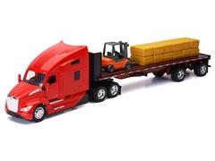 NEW-RAY #12753 - Kenworth T680 Cab in Red and Flatbed Trailer with Forklift and Haybales