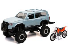 NEW-RAY #37586 - Toyota Land Cruiser 250 in Light Blue with Dirt Bike in Orange and Bike Rack