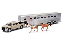 NEW-RAY #SS-19533 - Toyota Tundra Pro Pickup in Mud Bath Beige with Chrome Horse Trailer and Two Horses