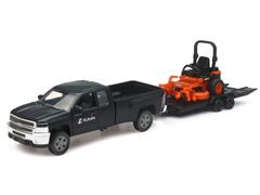 NEW-RAY #SS-34263A - Kubota - Chevrolet Pickup in Black with Flatbed Trailer and Kubota Z700 Lawn Mower