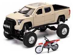 NEW-RAY #SS-54456 - Toyota Tundra Pro Lifted Off-Road Pickup in Mud Bath Beige with Honda Dirt Bike in Red and White