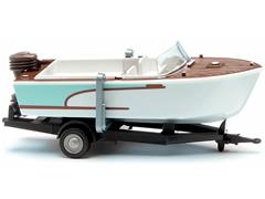 WIKING #009504 - 1961-65 Trailer-mounted Motor Boat in White Teal and Brown